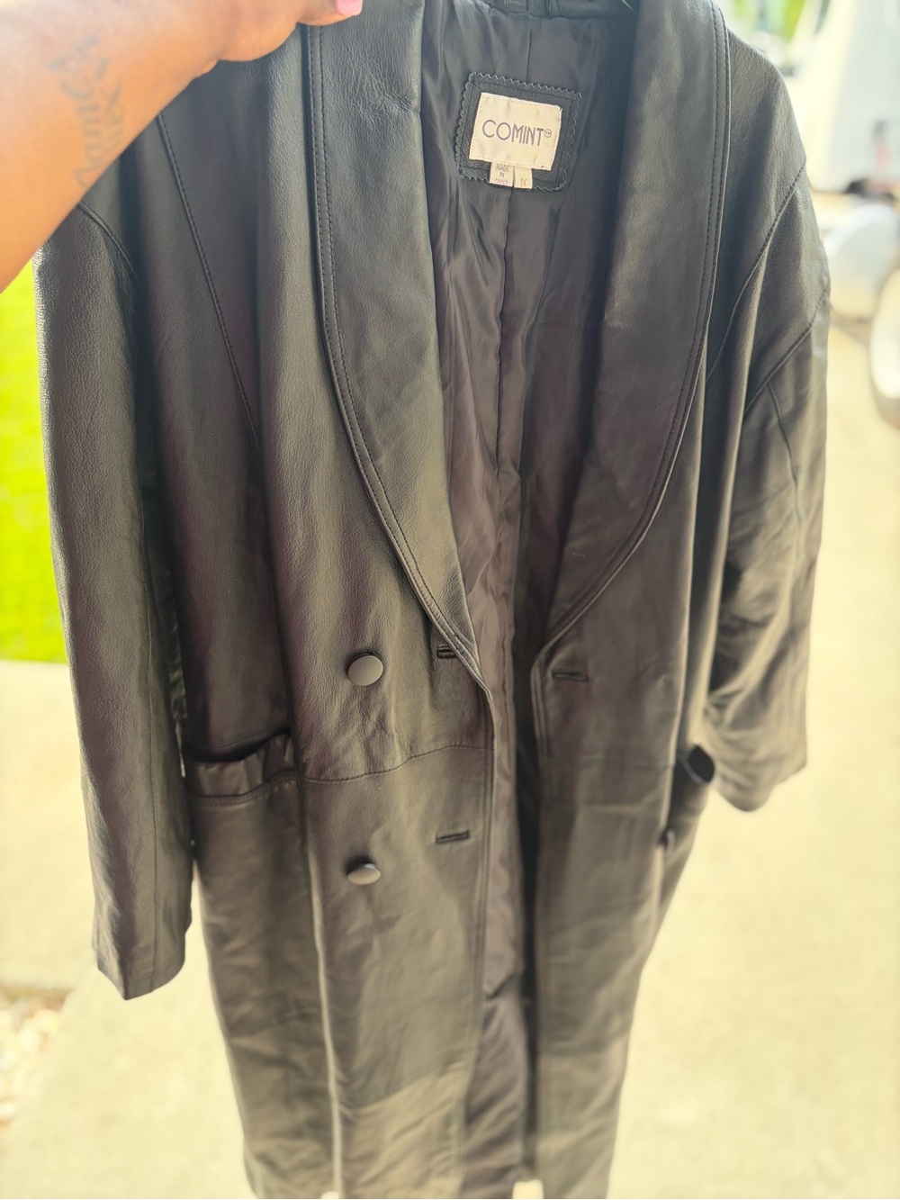 Mint Black Leather Double-Breasted Long Coat
